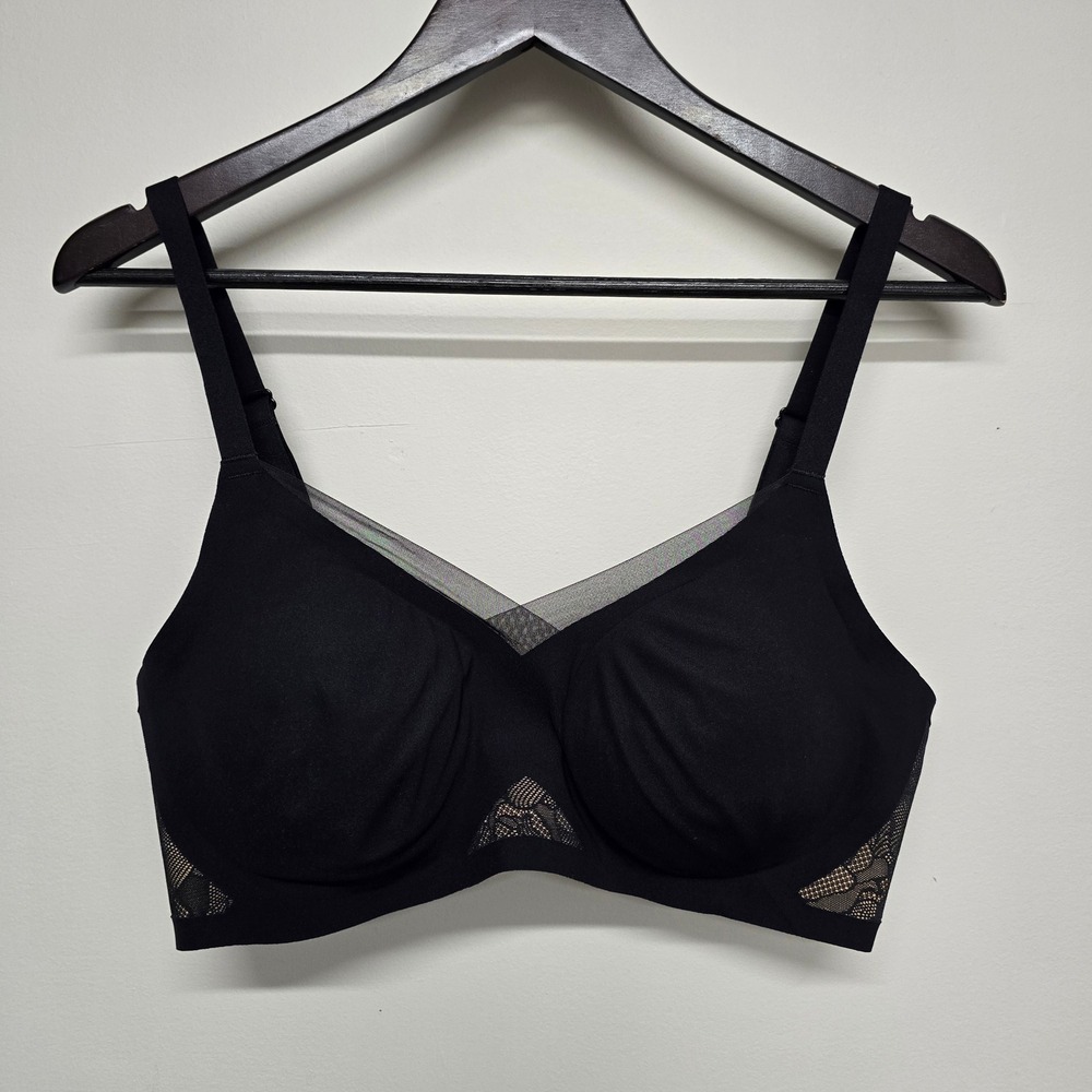 Honeylove Cross Over  Bra Women Large Black Nylon Spandex Lace Mesh Wireless